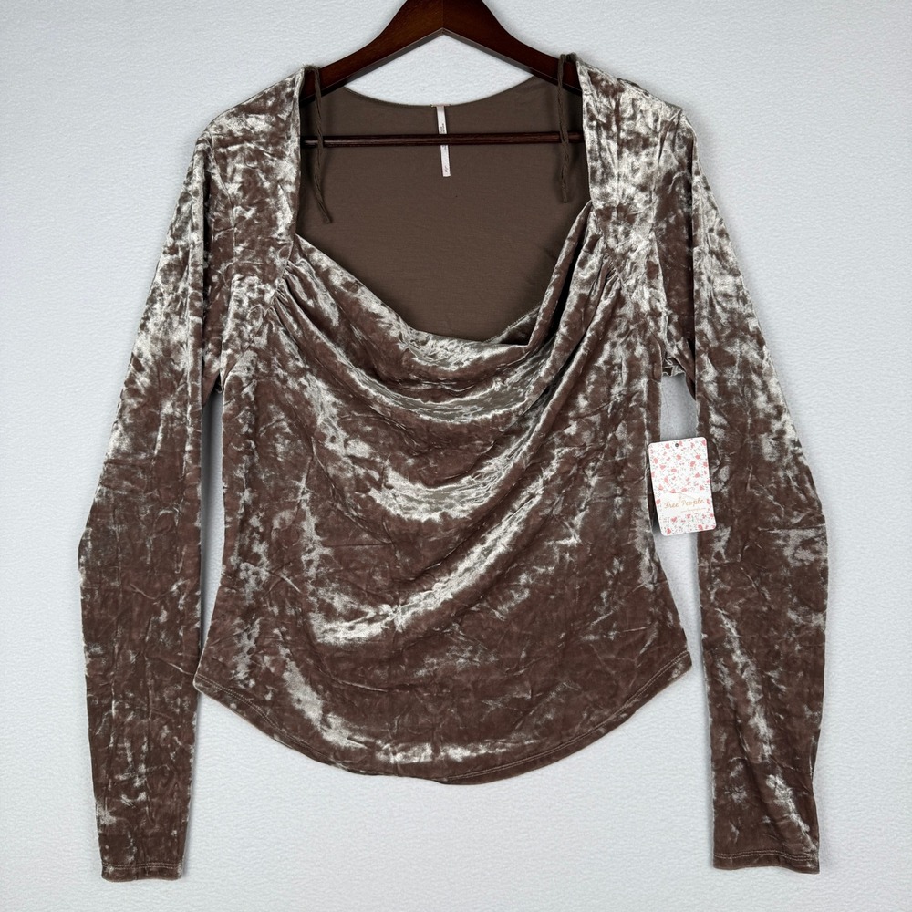 NEW Free People Top Womens Large Taupe Stone Crushed Velvet Cowl Neck OB1215106